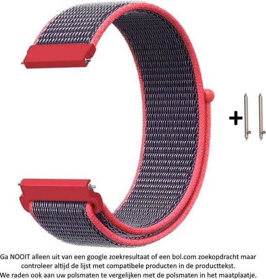 Foto: 22mm grijs roze nylon horloge bandje geschikt voor bepaalde 22mm smartwatches van verschillende bekende merken zie lijst met compatibele modellen in producttekst maat zie maatfoto klittenbandsluiting grey pink nylon strap 22 mm