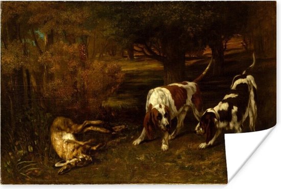 Poster Jachthonden met dode haas - Schilderij van Gustave Courbet - 120x80 cm
