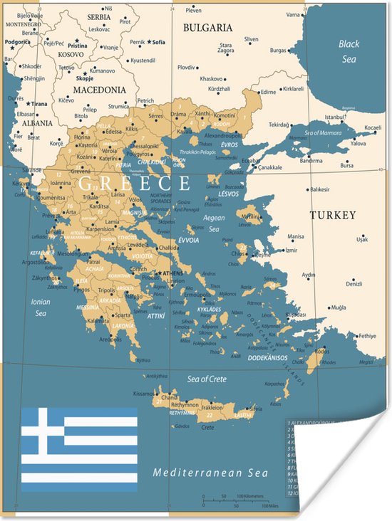 Poster Blauw met gouden kaart van Griekenland - 90x120 cm