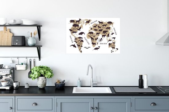 Décoration murale - Wereldkaart - Marron - Animaux - 90x60 cm - Affiche
