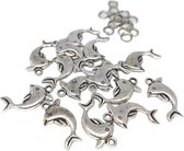 Tibetaanse Bedel Zilver Dolfijn - 15 Bedels met Ringetjes - 30 x 11 mm - Metaal - Antiek Zilverkleurig