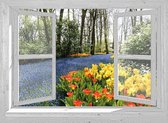 Tuindoek Doorkijk Openslaand Wit Venster - Park Met Voorjaarsbloemen - 90x65 Cm - Tuinposter - Tuin Decoratie - Tuinposters Buiten - Tuinschilderij