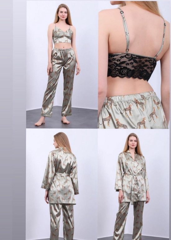Satijn 3 -Delige Dames Pyjamaset Met Luipaard Design / Kimono Ochtendjas Maat S