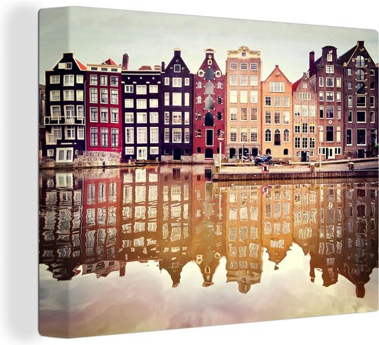 Canvas Schilderij Amsterdam - Huis - Reflectie - 80x60 cm - Wanddecoratie