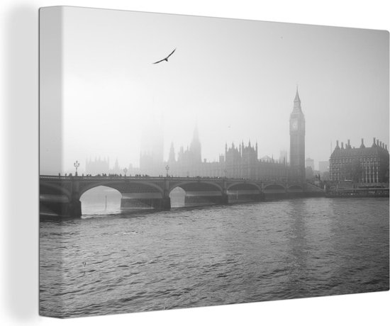 Canvas schilderij 140x90 cm - Wanddecoratie Zwart wit afbeelding van de Big Ben in Londen - Muurdecoratie woonkamer - Slaapkamer decoratie - Kamer accessoires - Schilderijen