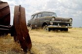 Tuinposter - Auto - Oldtimer - Urbex wagen in bruin / beige  / zwart  -  60 x 90 cm.