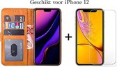 iPhone 12 hoesje bookcase bruin wallet case portemonnee hoes cover hoesjes - 1x iPhone 12 screenprotector