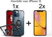 iPhone 11 hoesje Kickstand Ring shock proof case transparant zwarte randen magneet - 2x iPhone 11 screenprotector