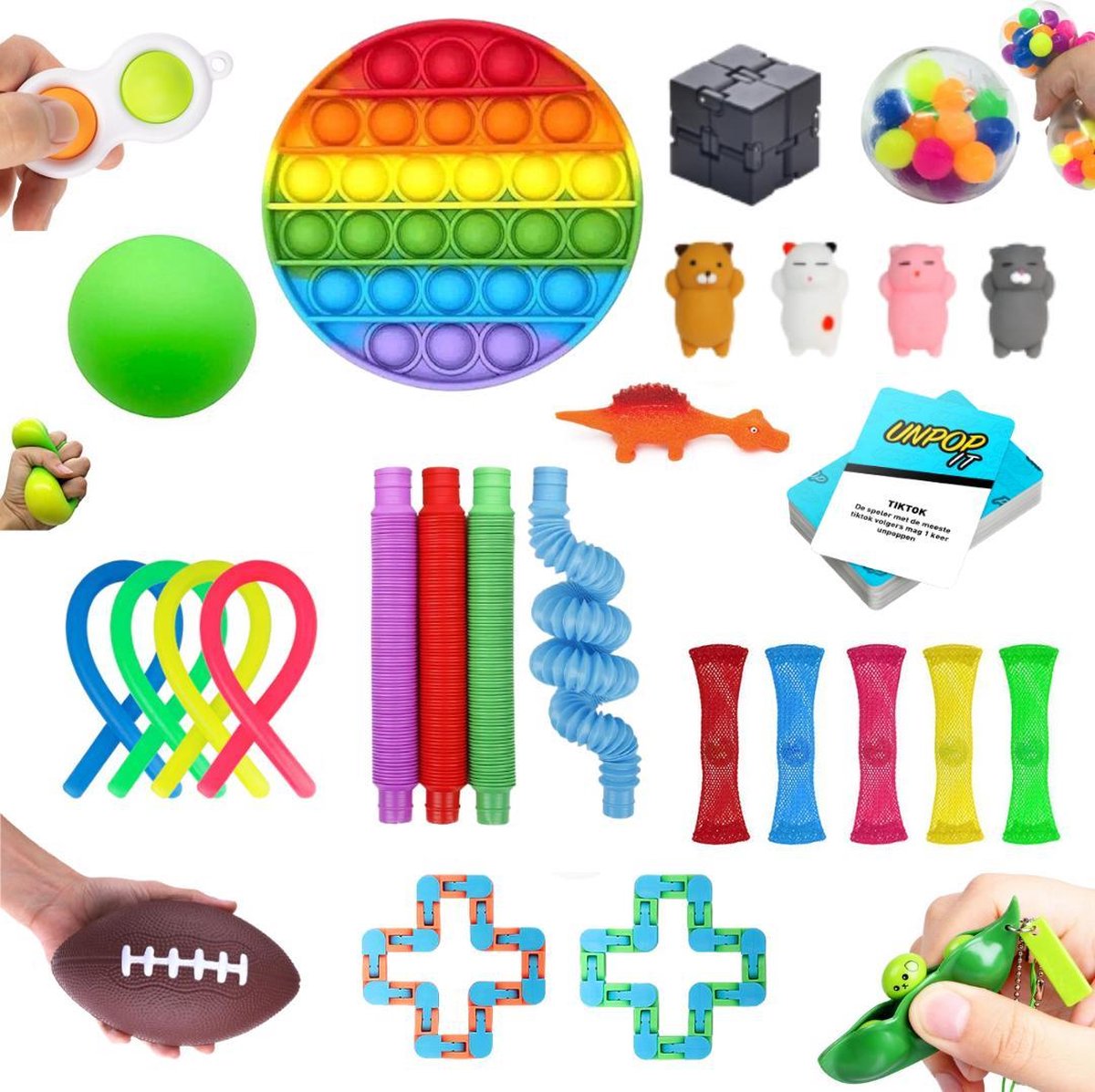 ZTWK© - Fidget toys pakket XL - 28 stuks - Pop it regenboog - Mochi - Monkey Noodles - Unpop it!