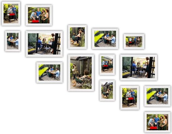 HAES DECO - Collage set met 15 houten fotolijsten Paris wit voor foto's formaat 10x15, 13x18, 15x20 en 20x30 - SP001903-15