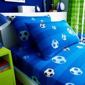 1-persoons kinder hoeslaken lichtblauw / blauw gestreept met voetballen in zwart-wit en blauw-wit 90 x 190 cm MET kussensloop