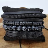 Armband trekkoord /leer/kralen, zwart/grijs, 4-delig