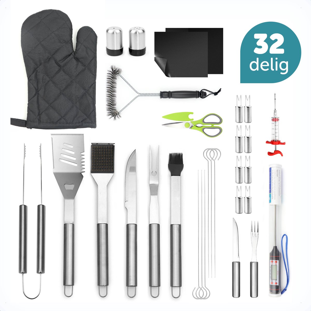 ForDig BBQ Accessoires Set (32-delig) - BBQ accessoires - BBQ Borstel - Vleesthermometer – Vleesmes – Vleestang – Vleesvork – BBQ Borstel - Incl Opbergtas