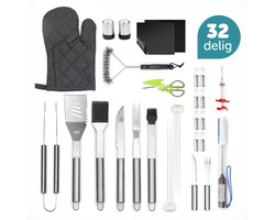ForDig BBQ Accessoires Set (32-delig) - BBQ accessoires - BBQ Borstel - Vleesthermometer – Vleesmes – Vleestang – Vleesvork – BBQ Borstel - Incl Opbergtas