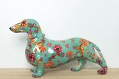 Beeld Teckel Groot - Trendy Bloemen Print - Pastel Groen - Woondecoratie - Hond - Dachshund - Interieur  - Cadeau