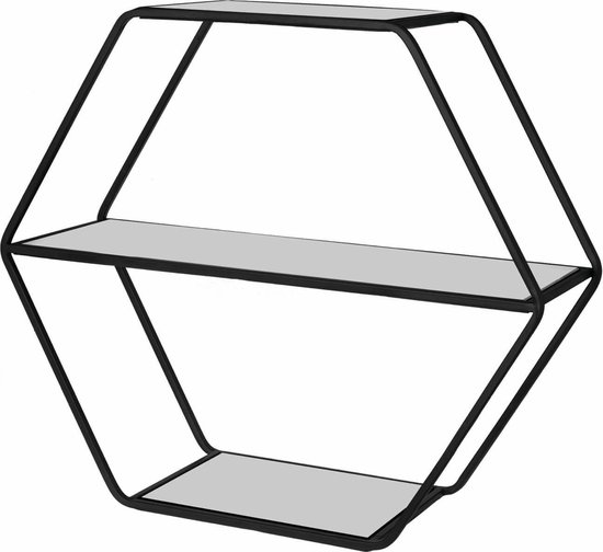 Zwarte hexagonale wandplank met twee glazen legplanken.