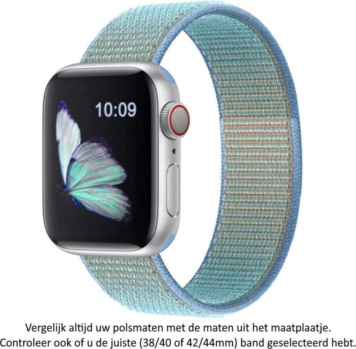 Blauw Gelig Nylon Horloge Band geschikt voor Apple Watch 1, 2, 3, 4, 5, 6, 7, 8, SE, 42mm & 44mm "Mannenbreedte" Series – Maat: zie maatfoto - Zacht Geweven Nylon - 42 mm en 44 mm