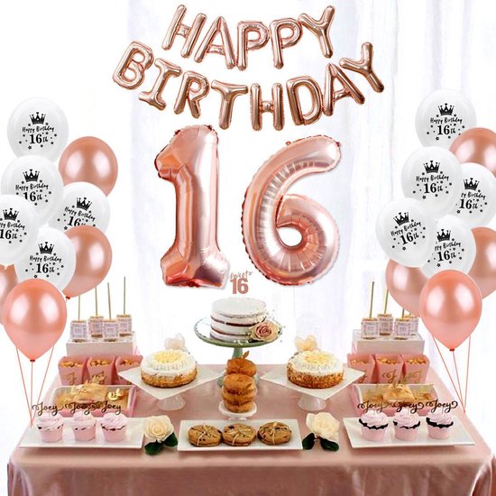 Sweet 16 Verjaardag Versiering - 16 jaar - Rose Goud pakket Babydouche - Ballonnen Slinger Rosé gold - sweet sixteen sjerp - happy birthday - Gratis Verzending - Babydouche