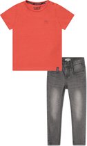Koko Noko BIO Basics Set(2delig) Jeans NOX GREY en Shirt Neon coral - Maat 122/128