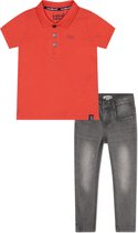 Koko Noko BIO Basics Set(2delig) Jeans NOX GREY en Polo Neon coral - Maat 86/92