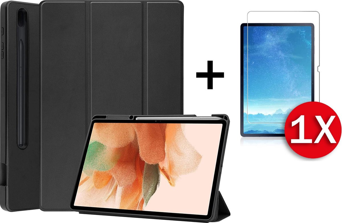 Casemania Hoes Geschikt voor Samsung Galaxy Tab S7 FE & Tab S7 Plus Hoes Zwart & Glazen Screenprotector - Tri Fold Tablet Case - Smart Cover