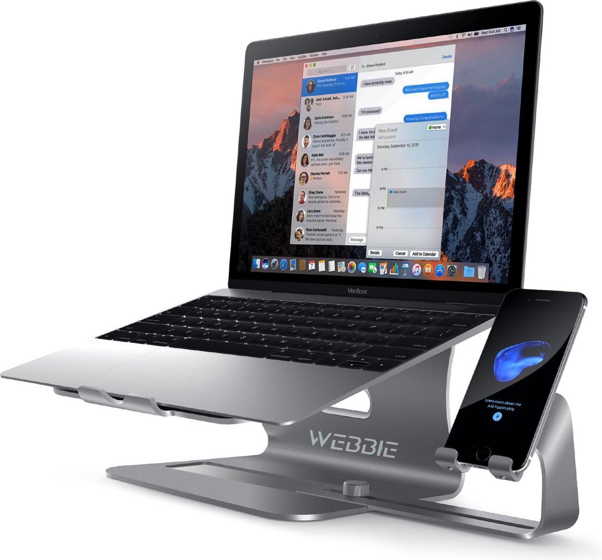Webbie - Laptop standaard - Geschikt voor Apple Macbook Air, pro, Ipad, Chromebook, HP laptop - Ergonomische Laptopstandaard - Laptoptafel Universeel - Anti Slip - Met Telefoonhouder - Grijs
