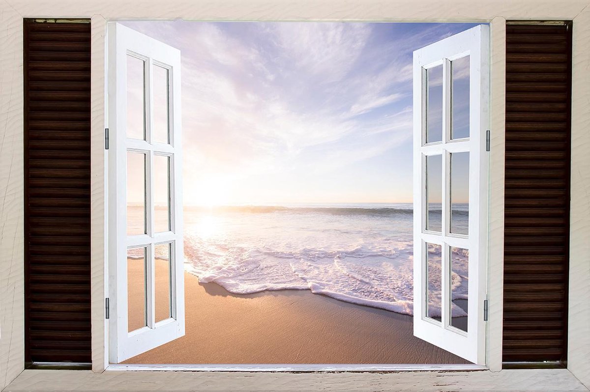 Tuindoek doorkijk door openslaand venster naar een Tropisch / Eiland / Strand - 150x100cm - tuinposter - tuinposter doorkijkje – Doorkijk tuinposter - tuinposter doorkijk XL – Tuinposter buiten met een zee, strand en palmbomen