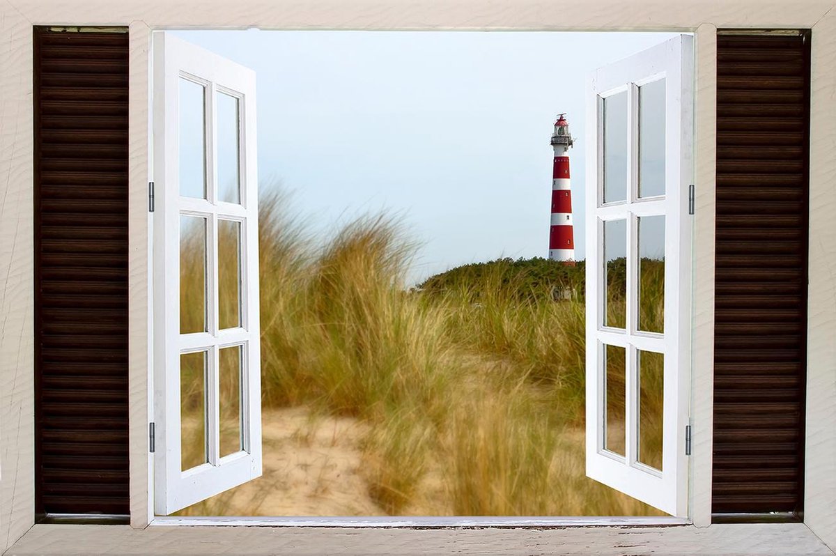 Tuindoek doorkijk openslaand venster naar een Tropisch / Eiland / Strand - 150x100cm - tuinposter - tuinposter doorkijkje – Doorkijk tuinposter - tuinposter doorkijk XL – Tuinposter Voor Buiten