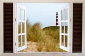 Tuindoek doorkijk openslaand venster naar een Tropisch / Eiland / Strand - 150x100cm - tuinposter - tuinposter doorkijkje – Doorkijk tuinposter - tuinposter doorkijk XL – Tuinposte