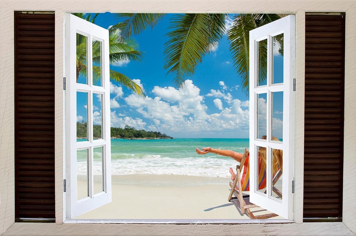 Tuindoek doorkijk openslaand venster naar een Tropisch / Eiland / Strand - 150x100cm - tuinposter - tuinposter doorkijkje – Doorkijk tuinposter - tuinposter doorkijk XL – Tuinposter Voor Buiten