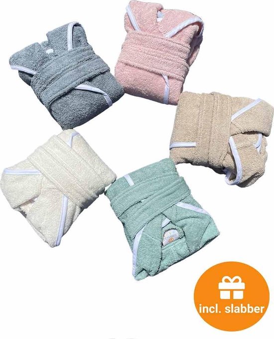 Babybadjas met capuchon – blauw/grijs (denim) – baby badjas gender neutraal – baby badjas meisje – baby badjas jongen – kraamcadeau – 100% badstof katoen – incl. slabbetje - luxe baby badjas mét roomwitte bies - maat 1-2 jaar (92) — afbeelding 2