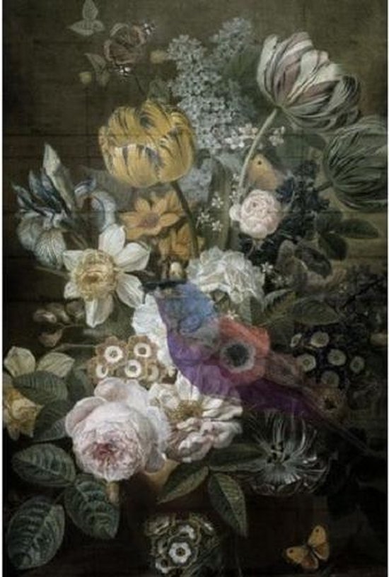Glasschilderij Bloemen  'Stilleven met Bloemen' - 80 x 120 - groen, wit, rood en bruin - schilderij fotokunst -