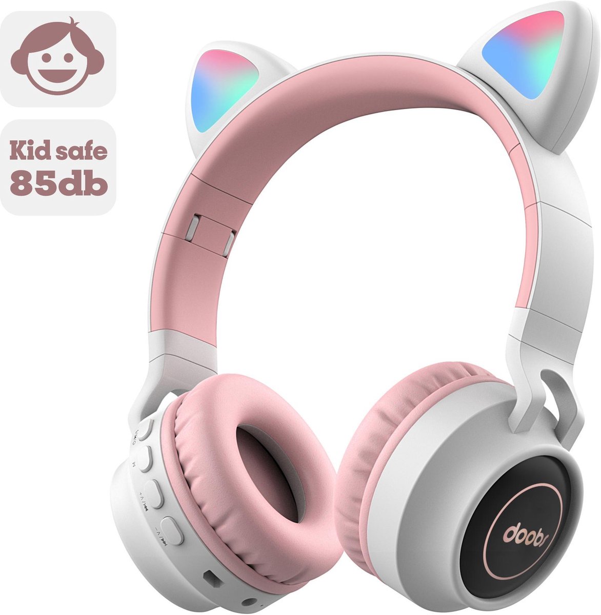 Kinder hoofdtelefoon DOBI by doobs - Draadloze koptelefoon Bluetooth met led kattenoortjes licht grijs - KIDS - VOLUME BEGRENZING - 85DB