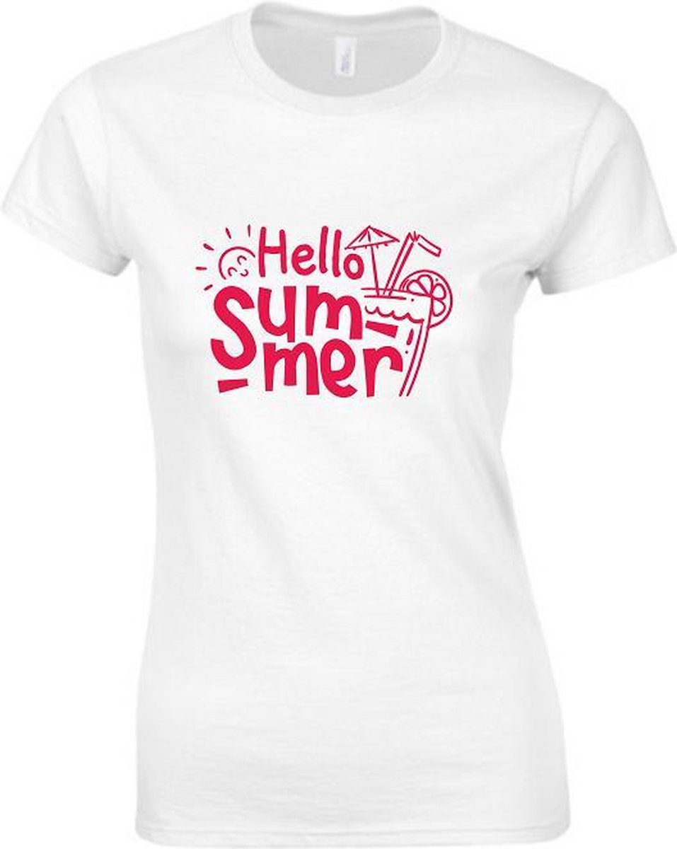 HELLO SUMMER Dames TSHIRT - Neon tekst Rood - Zomer t-shirt- SMALL
