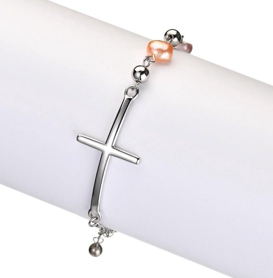 RIXERKOC Kruisarmband voor dames, natuursteen, parelarmband, christelijke armband met 14 karaats gouden kruishanger, inspirerende geschenken, cadeaus voor religieuze doop, communie, Pasen, Eine Grösse
