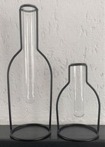 Fles vaasje met glazen reageerbuis in zwart metalen houder, set van 2 stuks