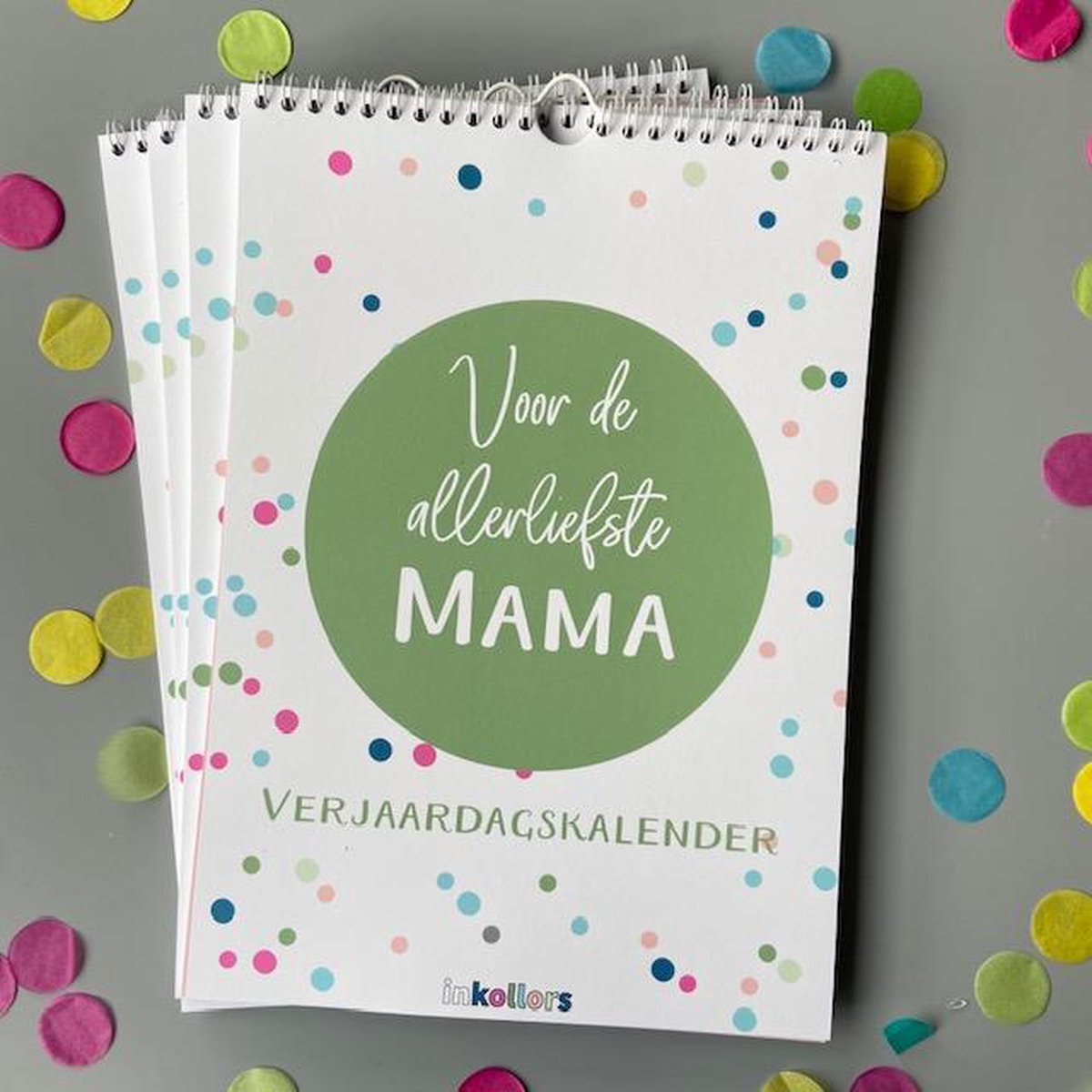 Verjaardagskalender - A4 - confetti - vrolijk - kalender - familiekalender - verjaardag - inkollors - feest -groen - mama - moeder - mamma - cadeau - kado