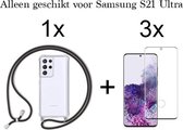 Samsung S21 Ultra Hoesje - Samsung Galaxy S21 Ultra hoesje met koord transparant shock proof case - Full Glue Cover - 3x Samsung S21 Ultra screenprotector
