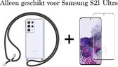 Samsung S21 Ultra Hoesje - Samsung Galaxy S21 Ultra hoesje met koord transparant shock proof case - Full Glue Cover - 1x Samsung S21 Ultra screenprotector