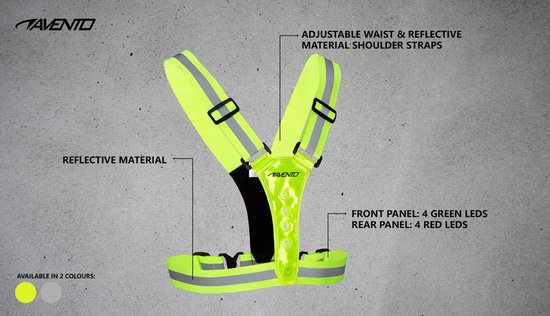Gele Avento sport veiligheidsvest met reflecterende banden, verstelbare tailleband en LED-verlichting.