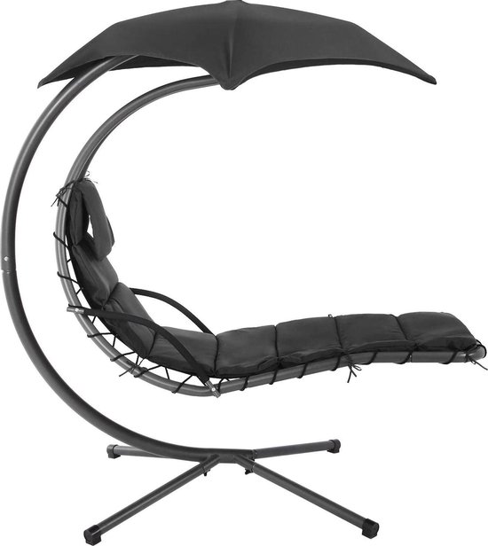 Hangstoel met standaard en parasol, ligstoel met 5 cm matras, schommelstoel, draagkracht - GHC10BK150 kg, voor terras, balkon, tuin, zwart