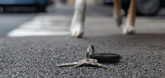 Sleutels met een zwarte Belkin AirTag houder op de grond, een hond loopt op de achtergrond.