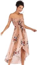 Zomer horizontale nek strapless bedrukte chiffon onregelmatige jurk voor vrouwen (kleur: leer roze maat: XL)-Roze