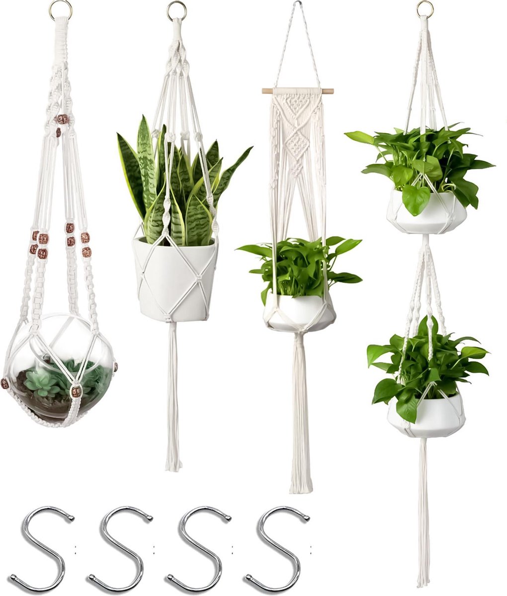 4 Stuks Luxe Macrame Plantenhangers - Boho Handgeweven Katoen Hangpot voor Binnen/Buiten - Hangende