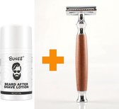 Jame Safety Razor + After Shave Lotion - Hydrateert en Verzacht - Double Edge Head - 50ml - Alle Huidtypen - 5 mesjes - 50 ml Lotion - Bamboe hout