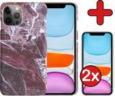 Hoesje Geschikt voor iPhone 11 Pro Hoesje Marmer Hardcover Fashion Case Hoes Met 2x Screenprotector - Hoes Geschikt voor iPhone 11 Pro Marmer Hoesje Hardcase Back Cover - Rood.