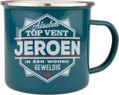 Mok - Top vent - Jeroen - Geëmailleerd - Gevuld met een verpakte toffeemix - In cadeauverpakking