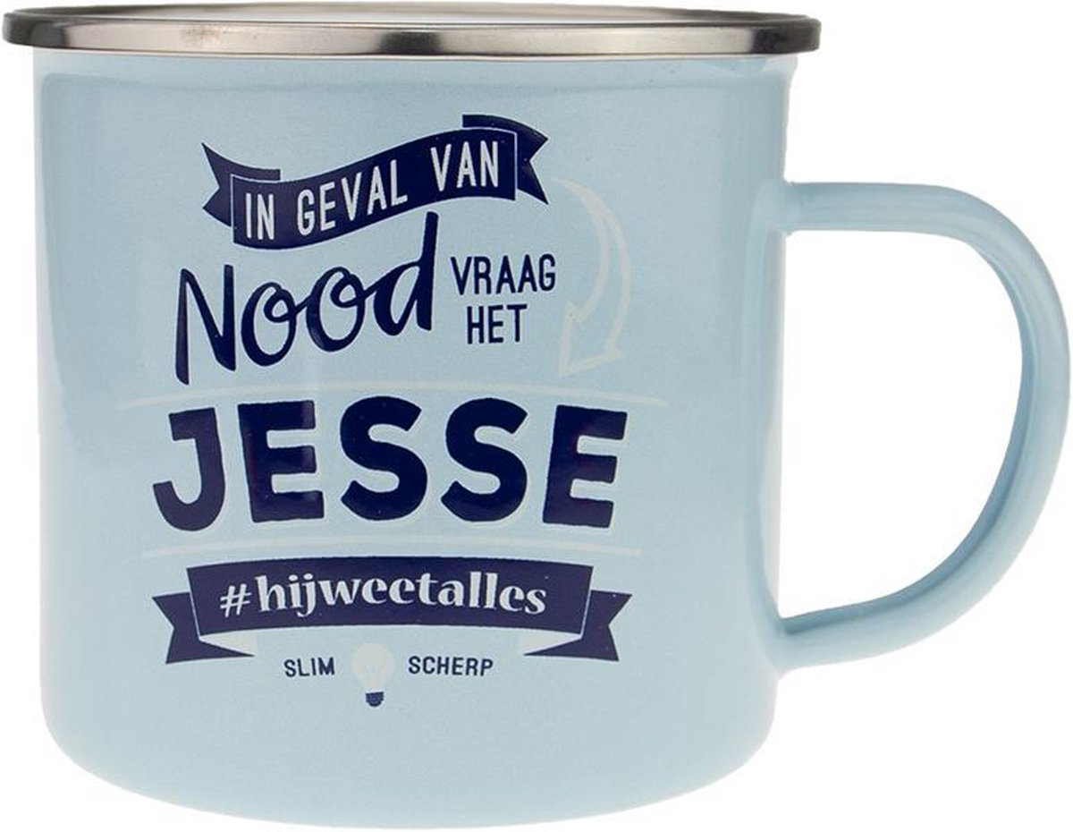 Mok - Top vent - Jesse - Geëmailleerd - Gevuld met een verpakte toffeemix - In cadeauverpakking