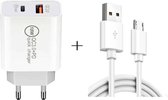 18 W PD + QC 3.0 USB Dual Fast Charging Universele reislader met Micro USB snellaadgegevenskabel, EU-stekker