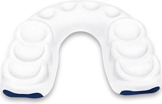 Witte gebitsbeschermer met blauwe onderrand en voorgevormde kussentjes.